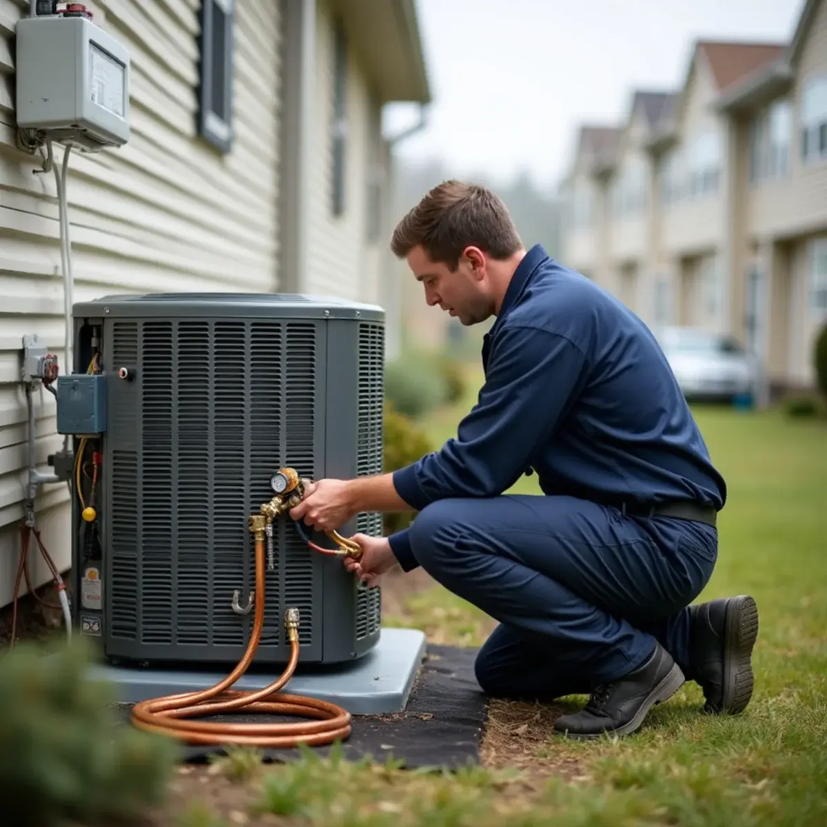 Technician connecting the line set to a new central air unit at a Florin Hill townhome in Mount Joy, PA