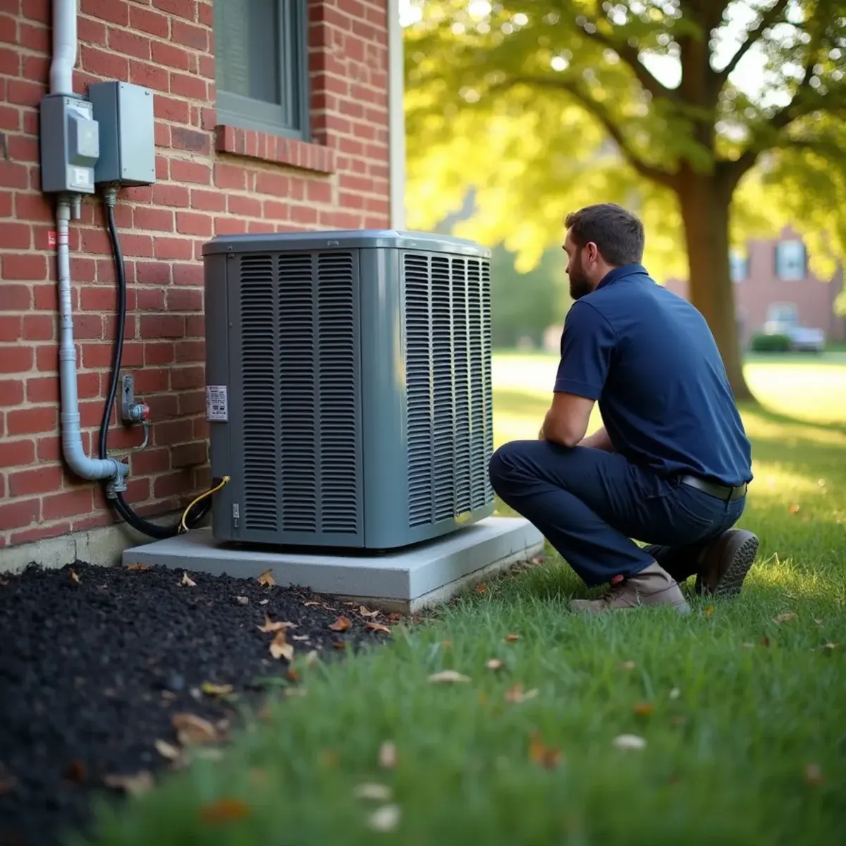 Technician setting a new central air condenser beside a brick home in Mount Joy, PA