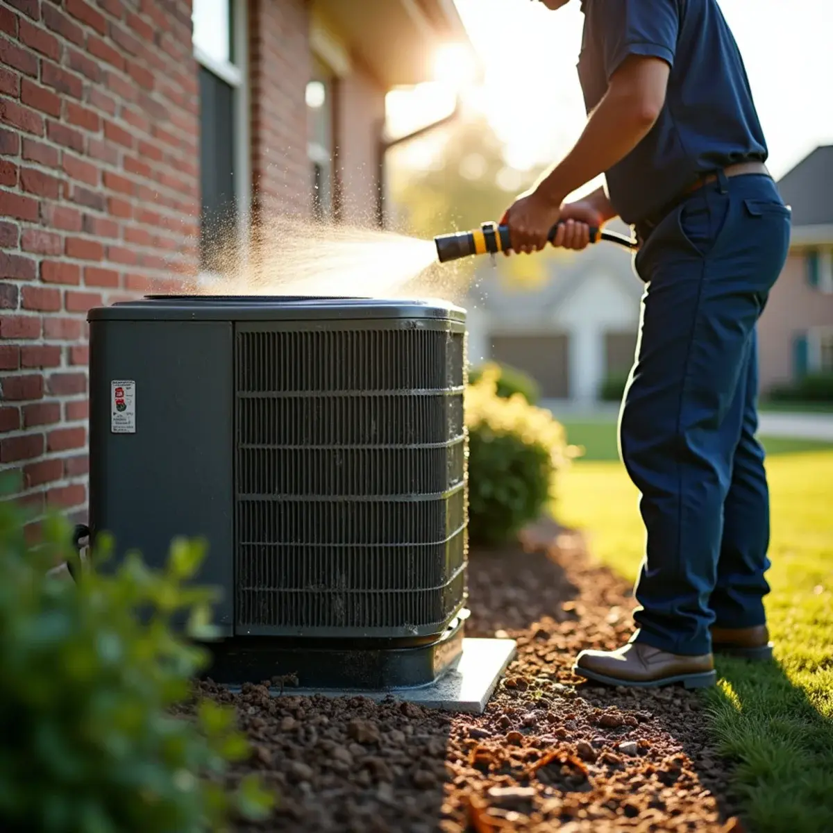 Technician rinsing a dirty condenser coil beside a home in Lancaster County, PA