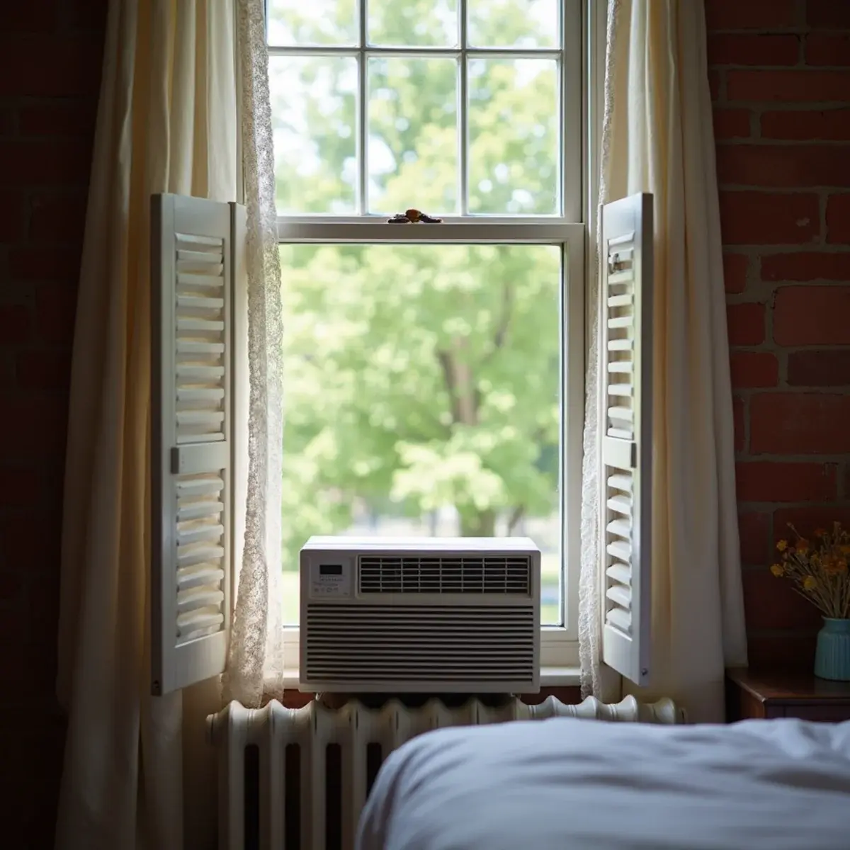 Window air conditioner in a double-hung window of a brick rowhome bedroom