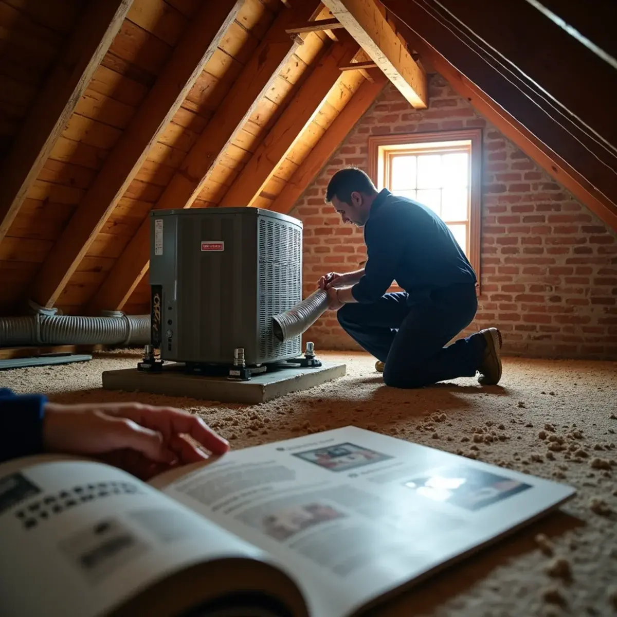 Technician installing an attic air handler for central air in an older brick home