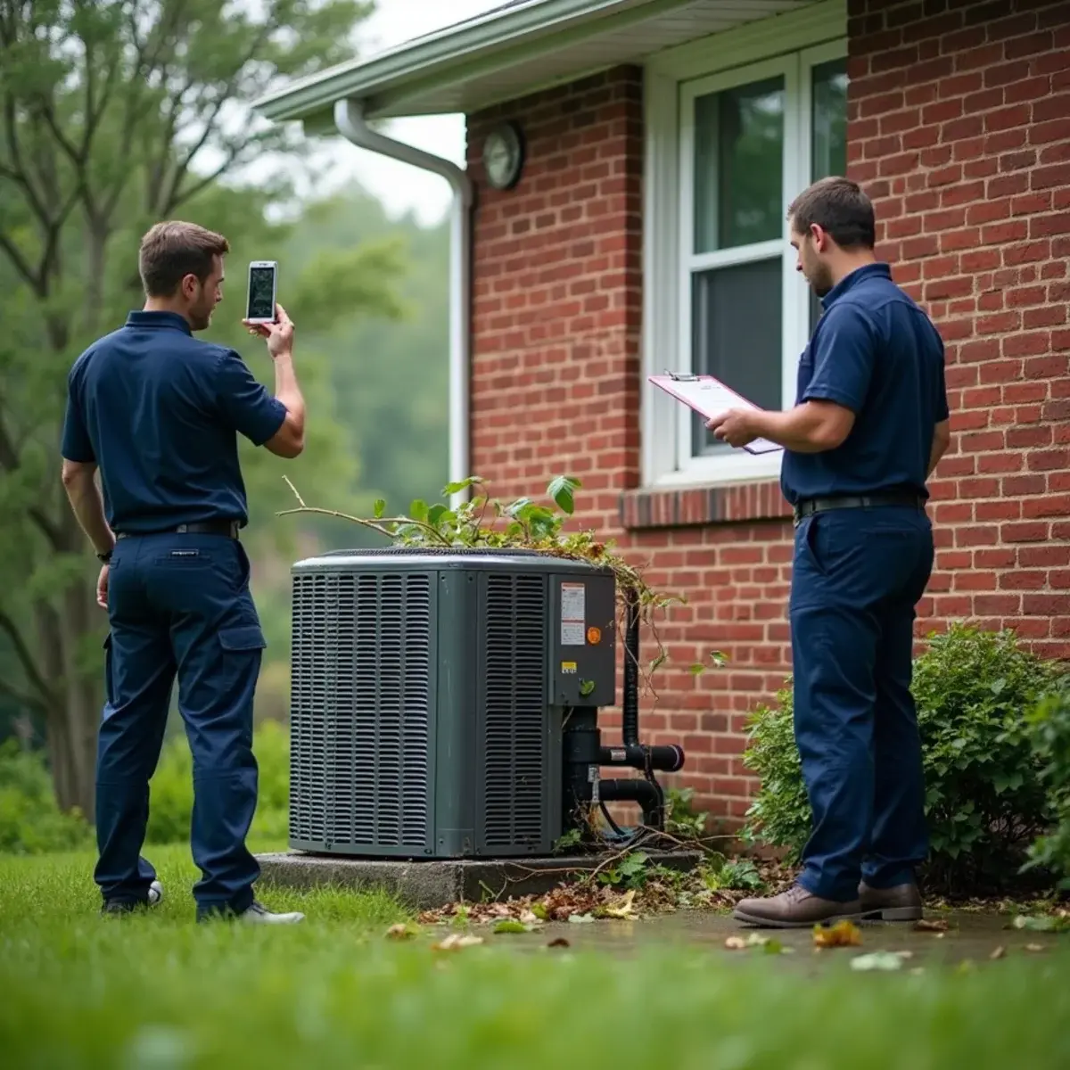 Homeowner photographing a storm-damaged AC condenser beside a brick home near Elizabethtown, PA