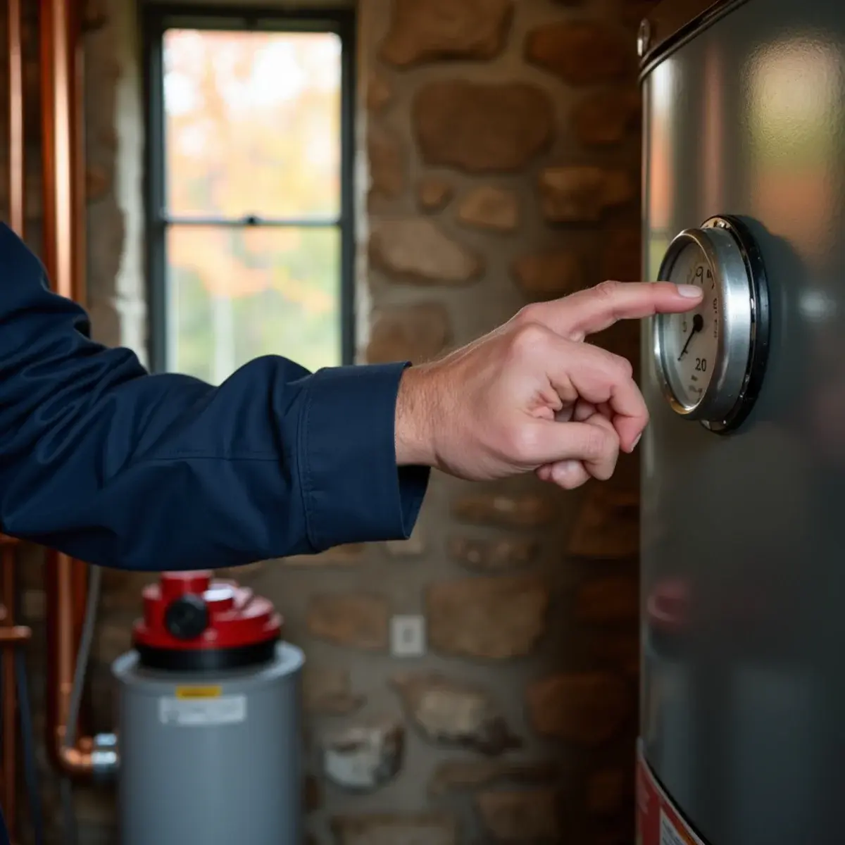 Homeowner checking the pressure gauge on a cast iron boiler in a Mount Joy, PA basement in autumn