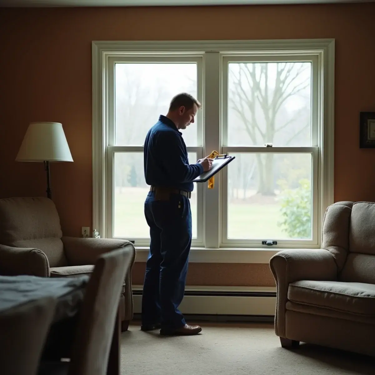 HVAC technician measuring a window for a Manual J load calculation in a Hershey, PA home