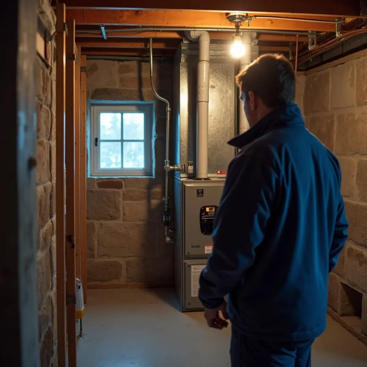 Homeowner checking a thermostat and furnace in a Mount Joy, PA basement on a cold winter evening