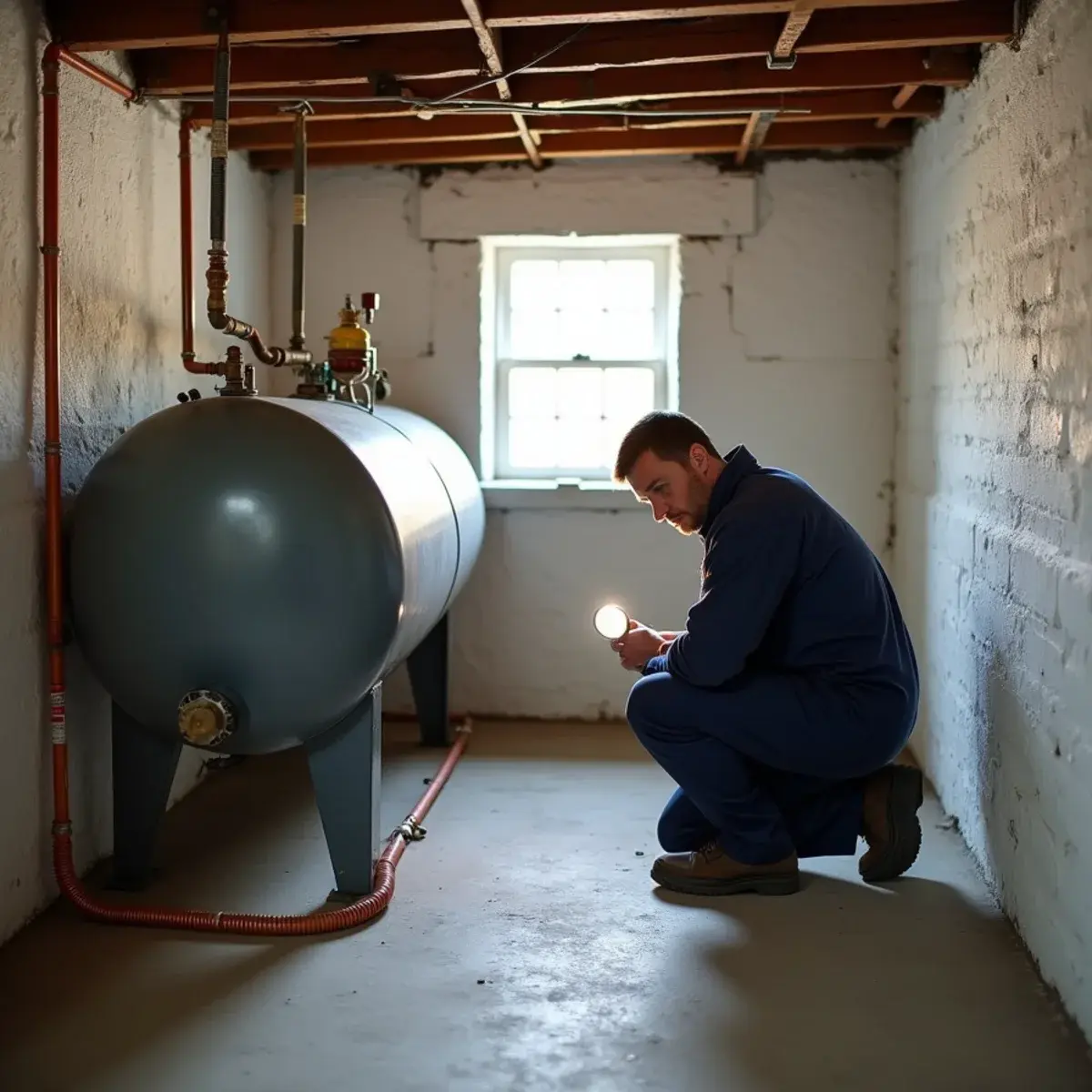 Basement oil tank beside an older oil-fired boiler in a Lancaster County, PA farmhouse