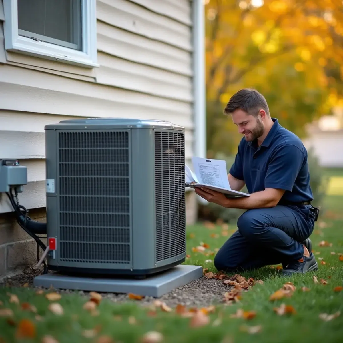 New heat pump outdoor unit beside a 2000s townhome in Mount Joy, PA, with a homeowner reviewing paperwork