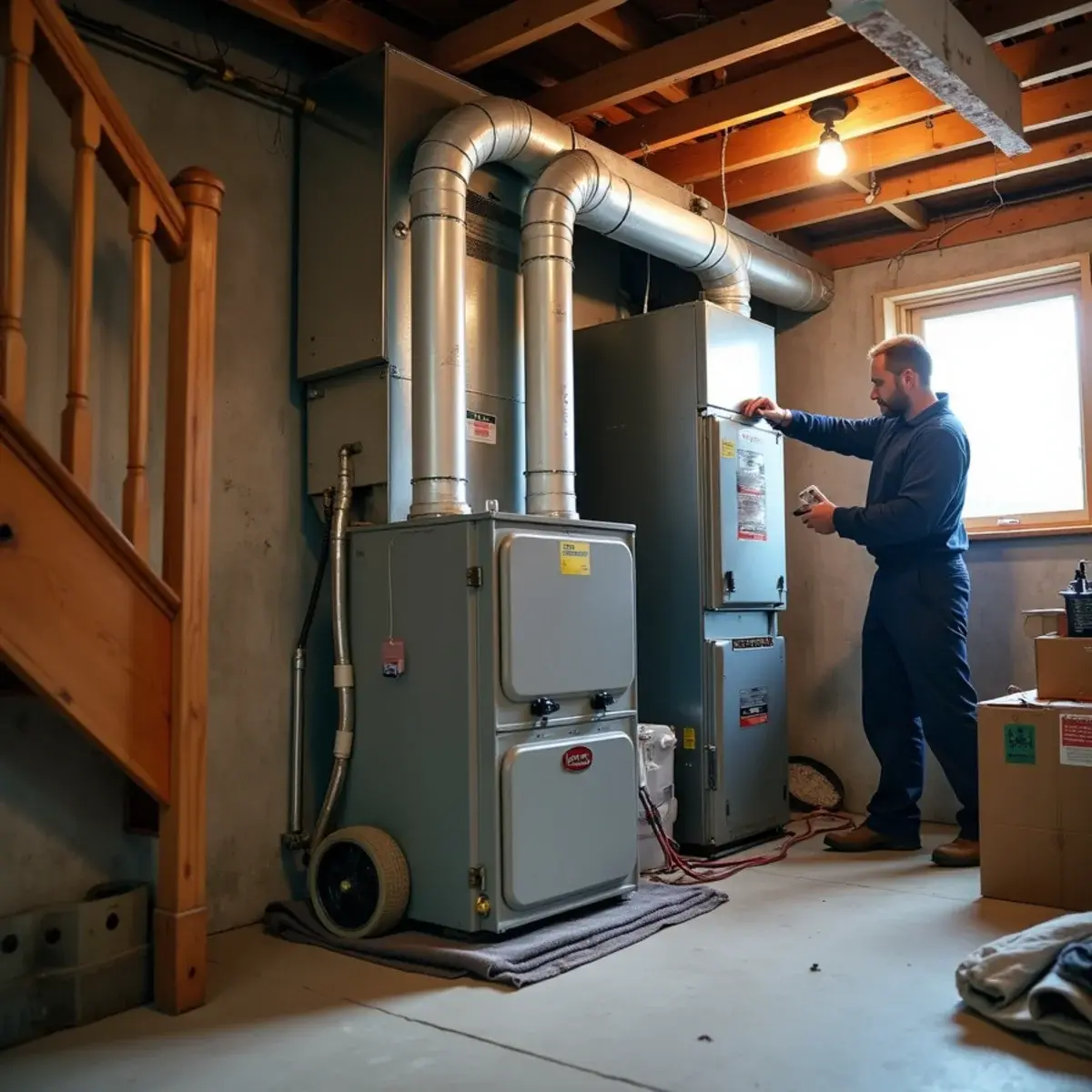 Old furnace being removed and a new high-efficiency furnace ready in a basement