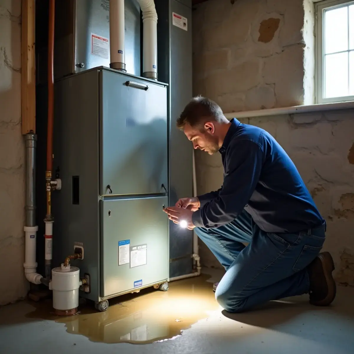 Small puddle of condensate water beneath a high-efficiency furnace in a Mount Joy, PA basement