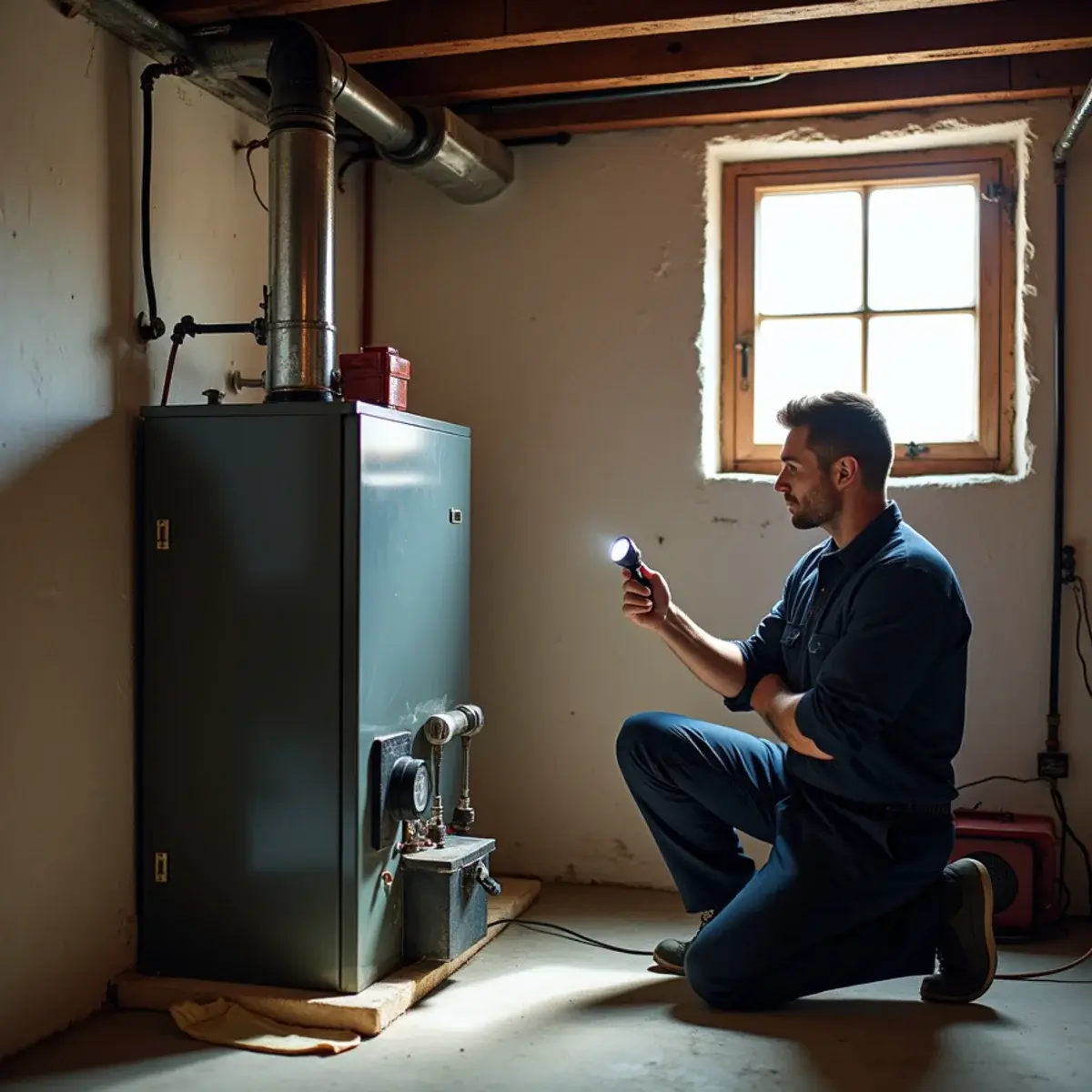 Technician servicing an oil-fired cast-iron boiler in a fieldstone basement in Mount Joy, PA