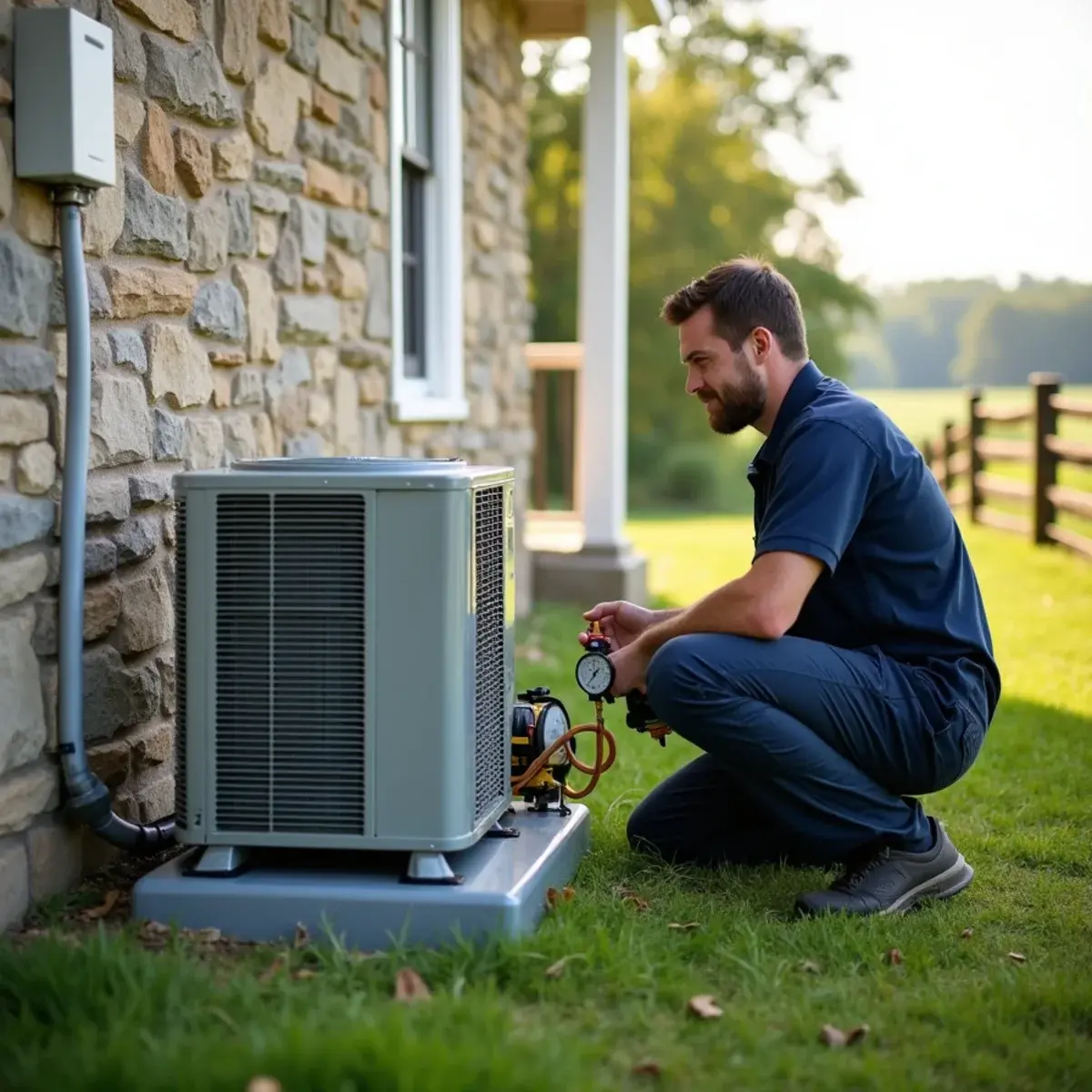 Technician pulling a vacuum on a new ductless mini-split outdoor unit at a Mount Joy, PA home