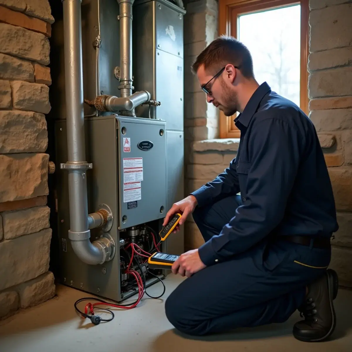Technician testing a gas furnace igniter in a Mount Joy, PA basement with a fieldstone wall