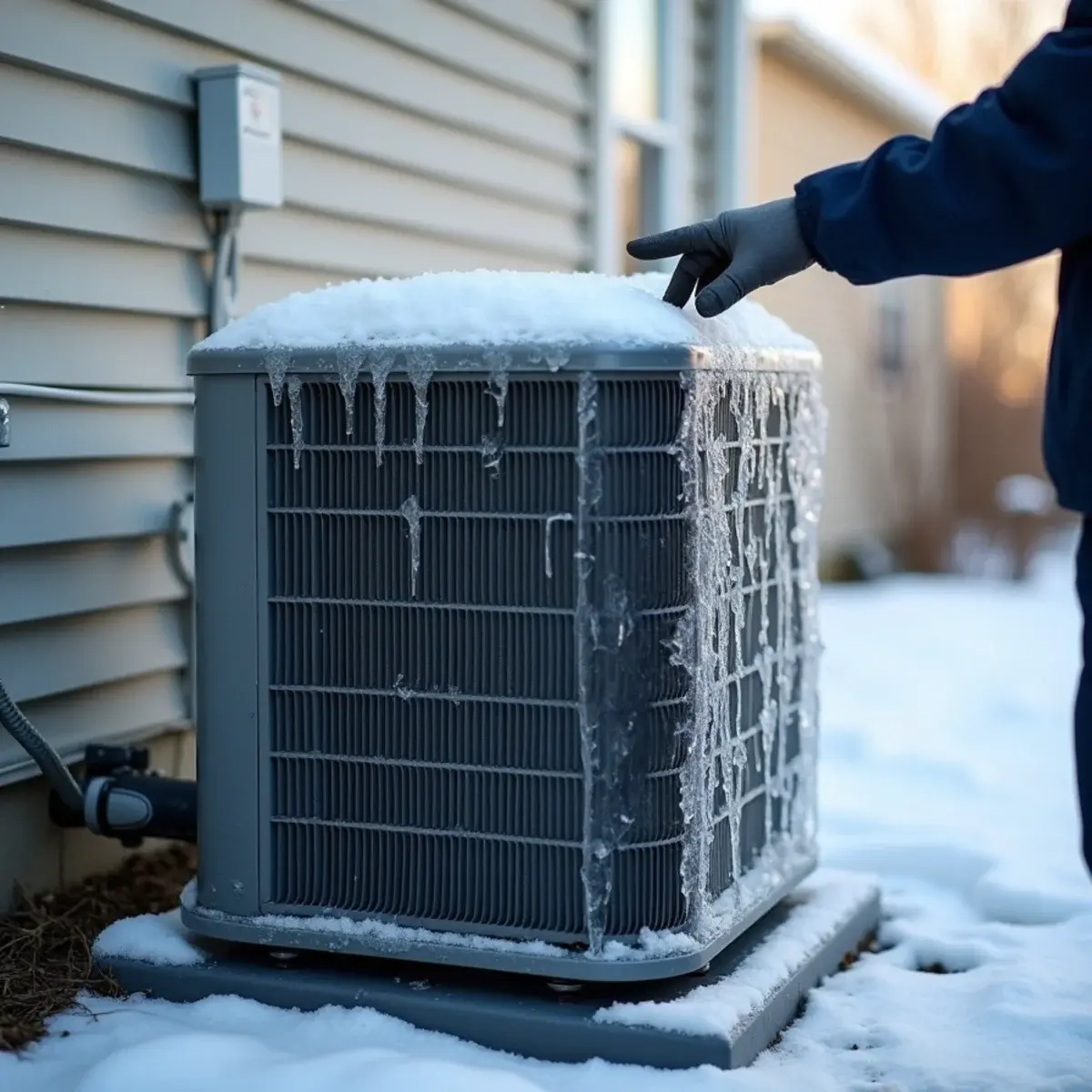Outdoor heat pump coil encased in ice after a freezing rain in Mount Joy, PA