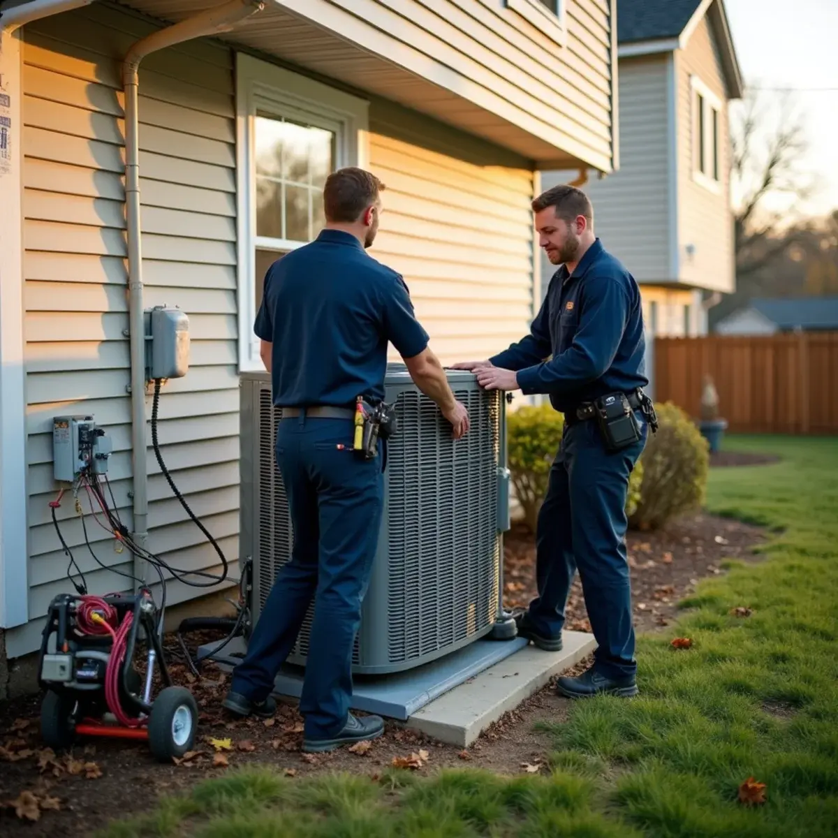 New heat pump being set on a pad behind a 2000s townhome in Mount Joy, PA