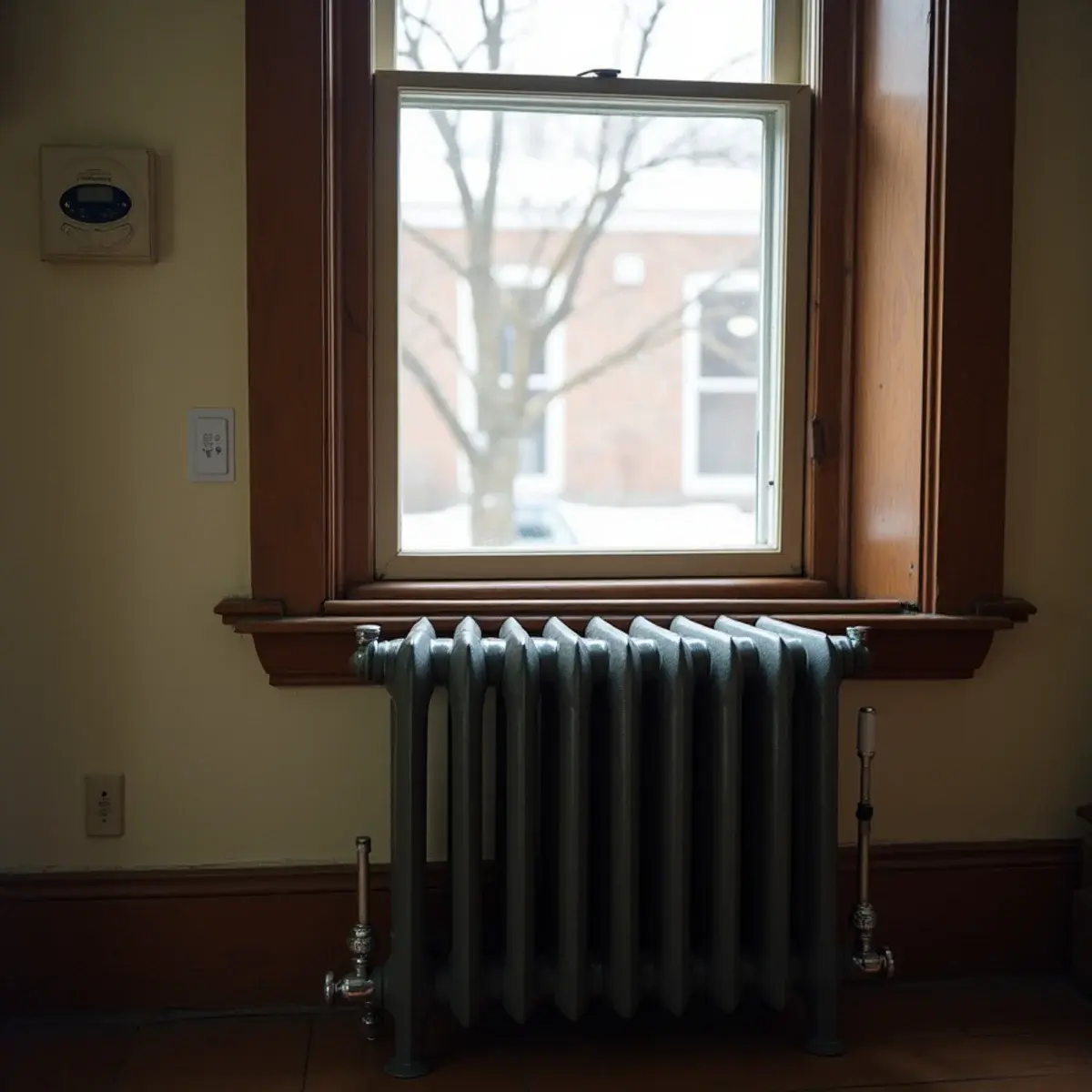 Cast-iron radiator under a window in an older Mount Joy, PA home heated by a boiler