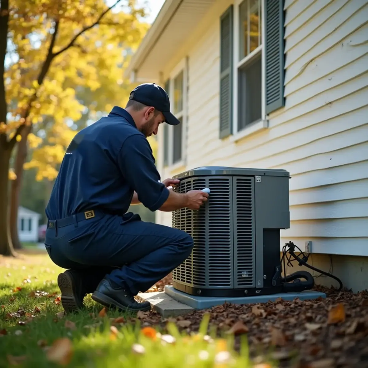HVAC technician checking a heat pump beside a newer home in Derry Township near Hershey, PA