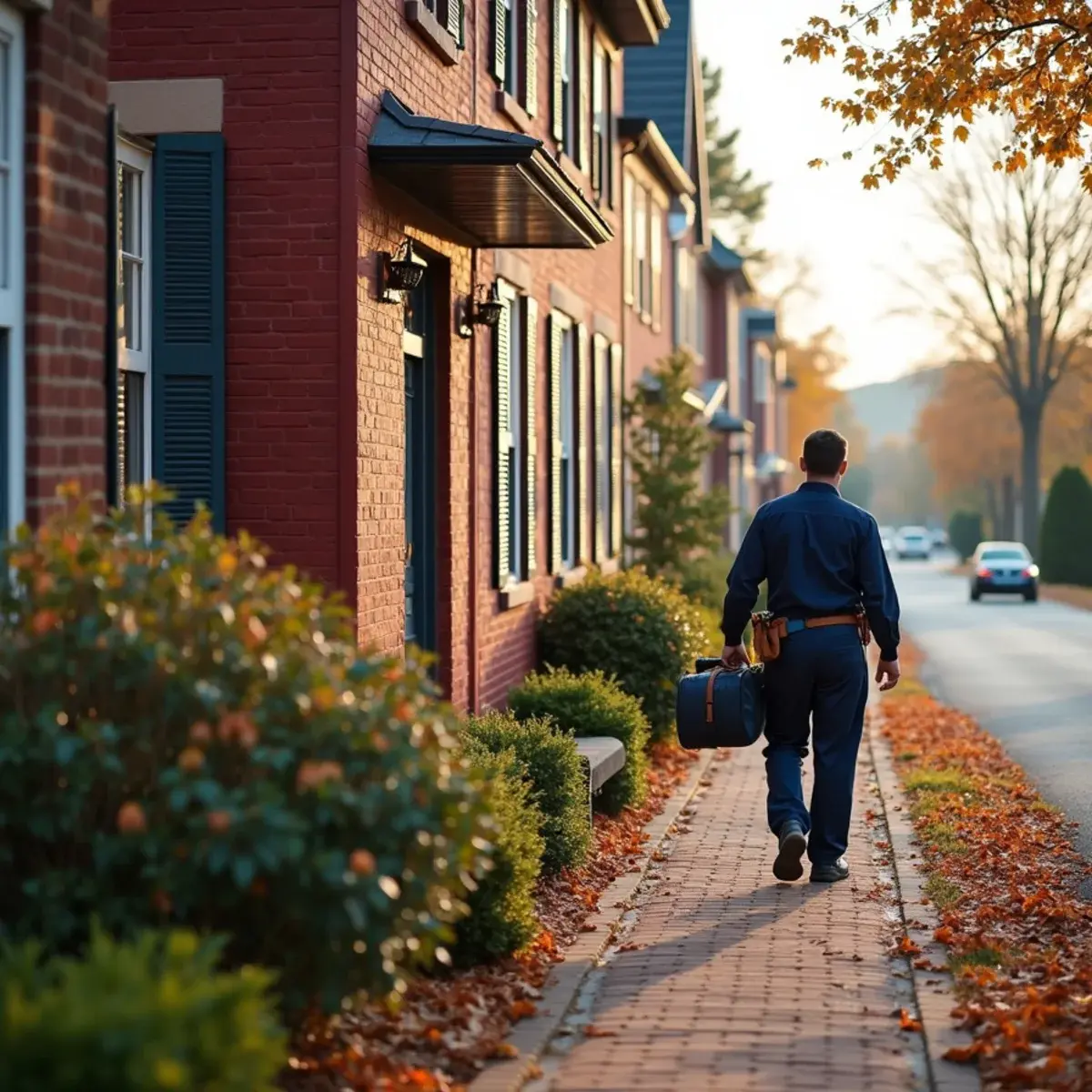 Nineteenth-century brick home near Market Square in Manheim, PA, with a technician arriving for a boiler service call